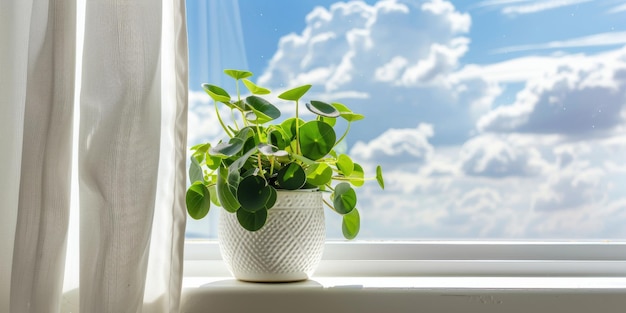 Peperomia en la maceta en la ventana del sol blanco Philodendron planta de la casa en el espacio de copia de la maceta