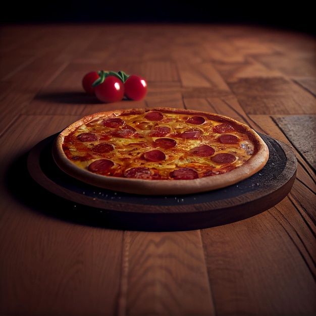 Peperoni-Pizza auf braunem Holz Illustration Generative AI