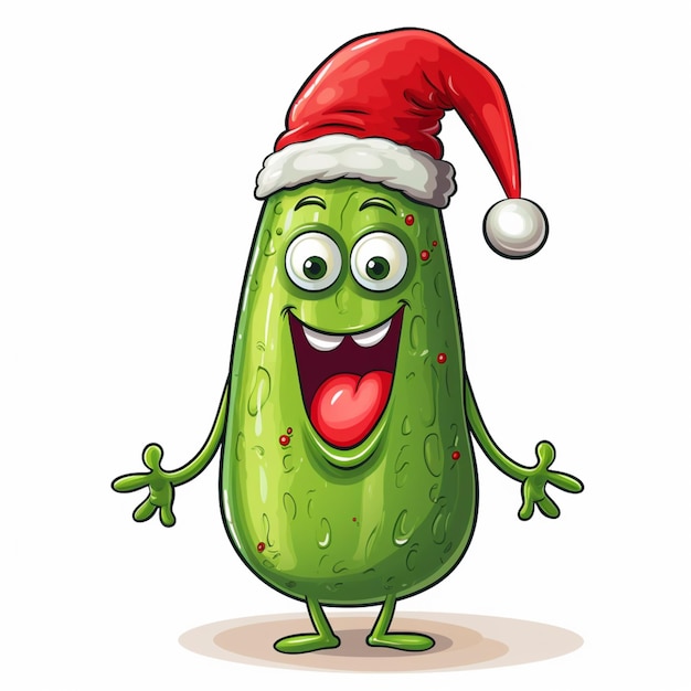 pepino de dibujos animados con un sombrero de Papá Noel y haciendo una cara graciosa generativa ai