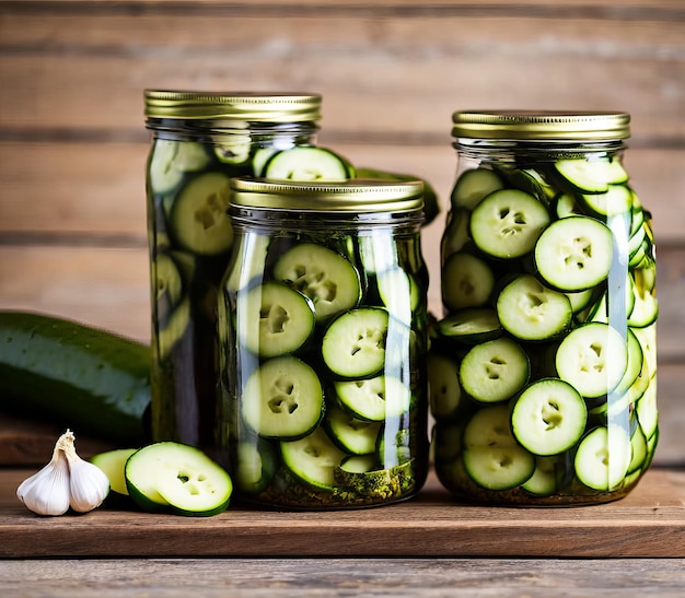 Pepino em conserva fresco e vegetais em um fundo de madeira