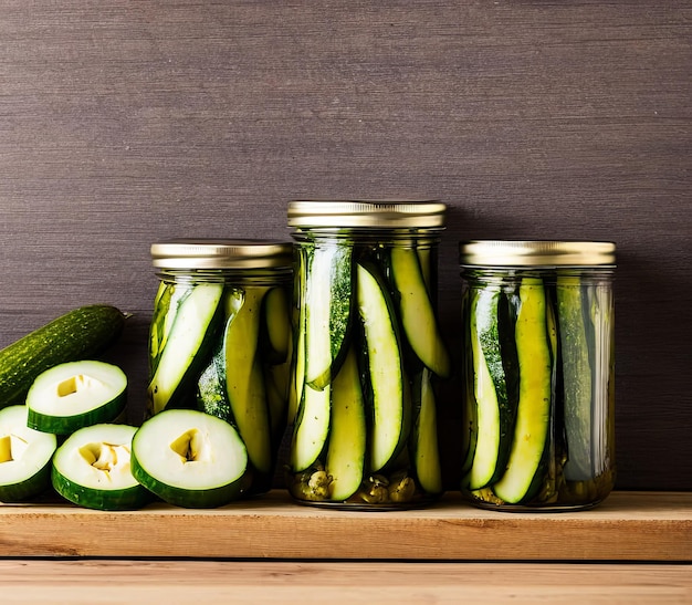 Pepino em conserva fresco e vegetais em um fundo de madeira