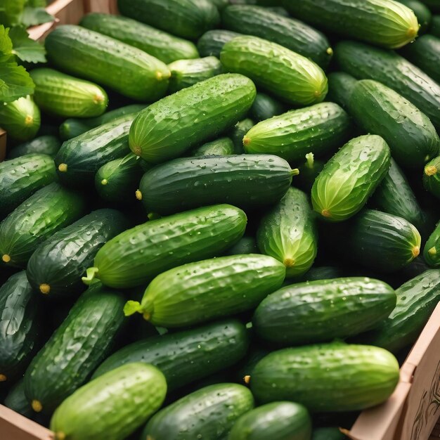 Pepino fresco em caixa de venda de mercearia verde