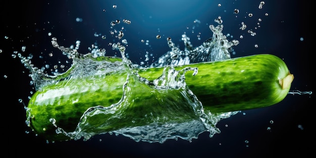 Pepino fresco flotando con salpicaduras de agua en el fondo del estudio