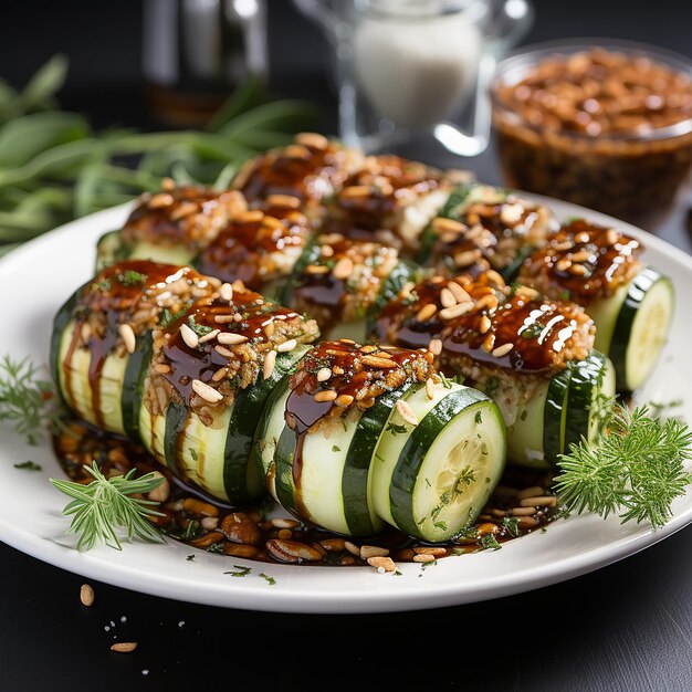 Pepino recheado com arroz e tempeh no prato