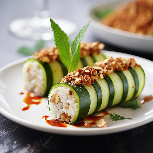 Pepino relleno con arroz y tempeh en un plato