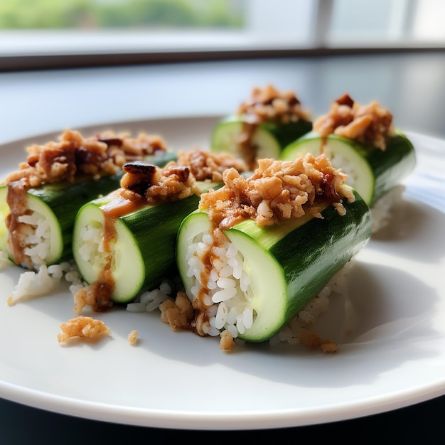 Pepino relleno con arroz y tempeh en un plato