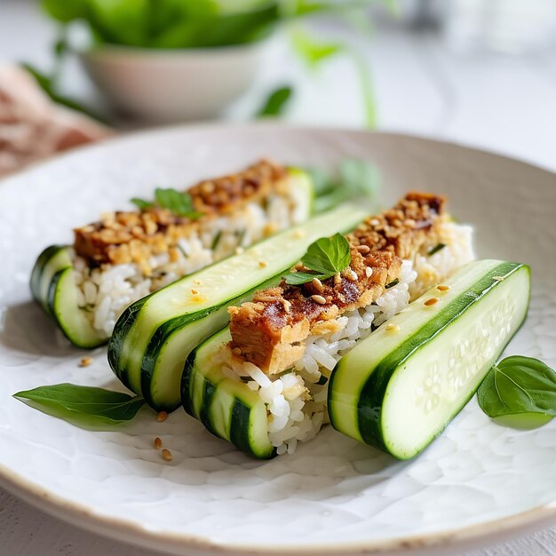 Pepino relleno de arroz y tempeh en un plato