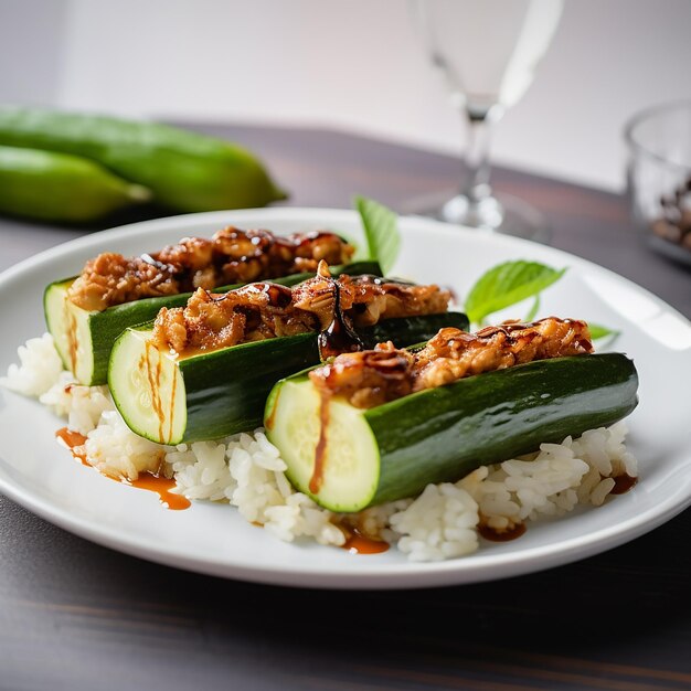 Foto pepino relleno de arroz y tempeh en un plato