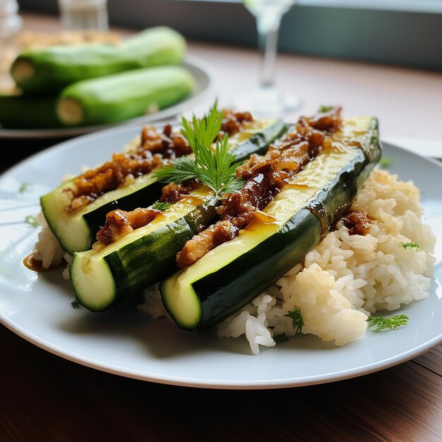 Foto pepino relleno de arroz y tempeh en un plato