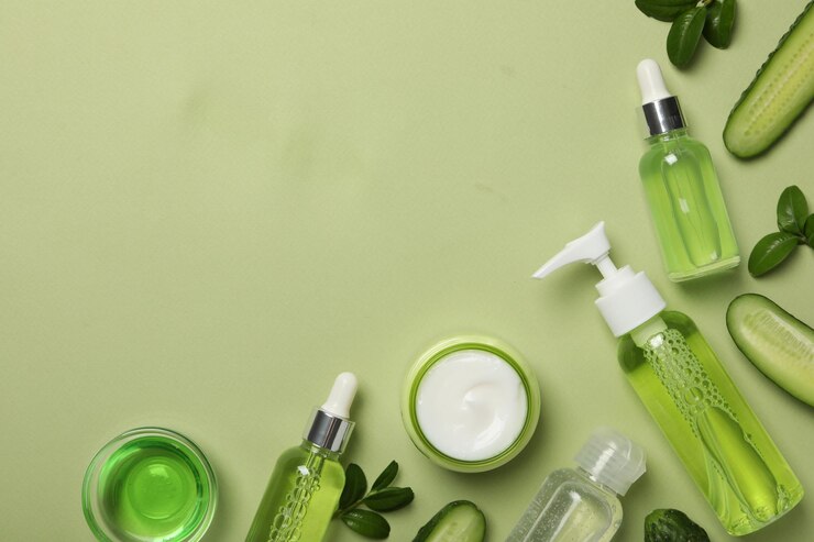 Pepino en rodajas y botellas con cosméticos sobre fondo verde claro, espacio para texto
