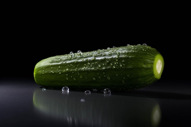 Pepino sobre un fondo negro con gotas de agua y reflejo