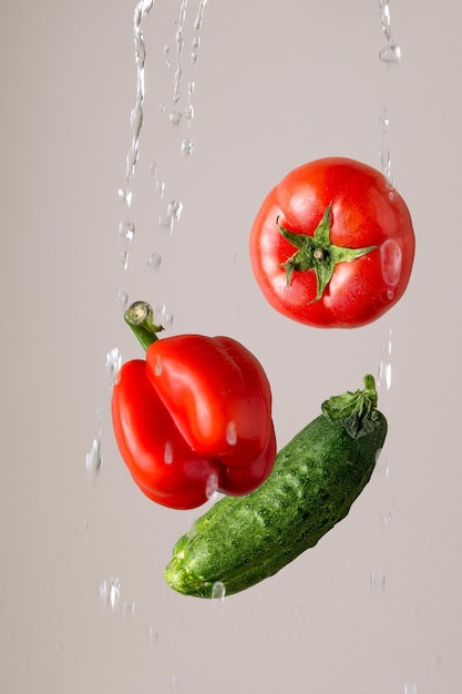 Pepino tomate pimenta em um pouco de água sobre um fundo claro