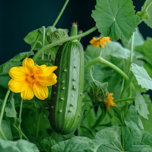 Pepino verde em um galho com flores amarelas