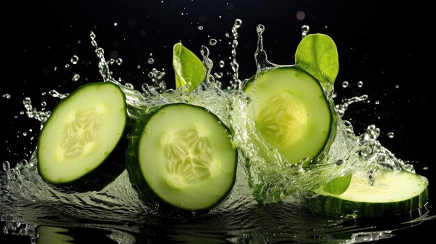 pepino verde fresco salpicado con agua sobre un fondo negro y borroso