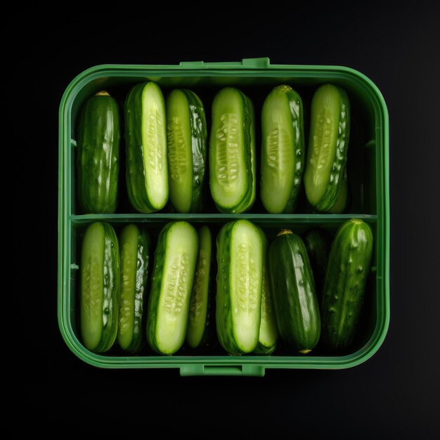 pepinos en una caja de almuerzo vista superior aislados en fondo blanco IA generativa