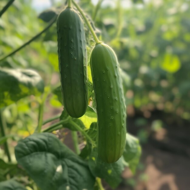 Pepinos em uma planta em um campo