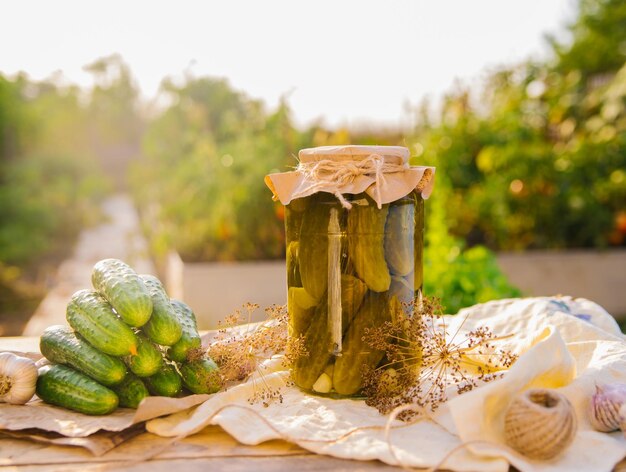 Pepinos en escabeche salados en un frasco sobre una mesa de madera en el jardín Pepinos hierbas eneldo ajo Conservación Conservación Espacio de copia de fondo Día soleado y brillante