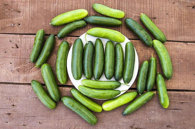 Pepinos de jardín natural listos para ser picados con un cuchillo uno al lado del otro en el suelo de madera