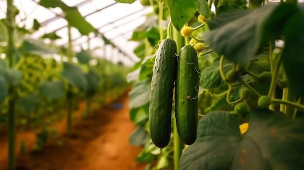 Los pepinos maduros crecen en las ramas en el invernadero de la granja