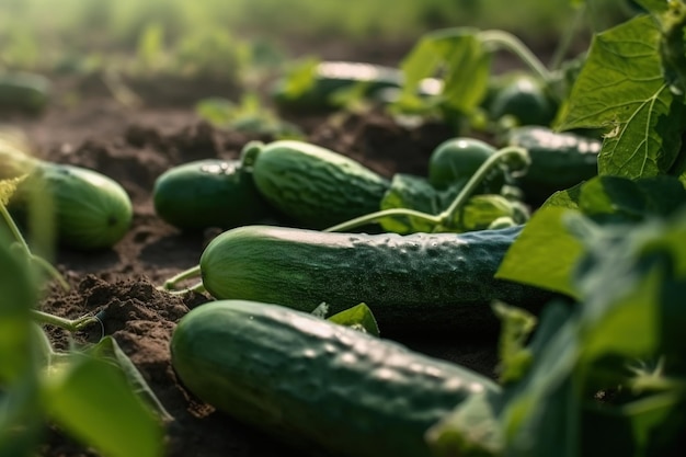 Foto pepinos en el suelo del jardín.