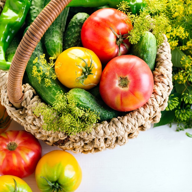 Pepinos, tomates e endro guarda-chuvas em uma cesta