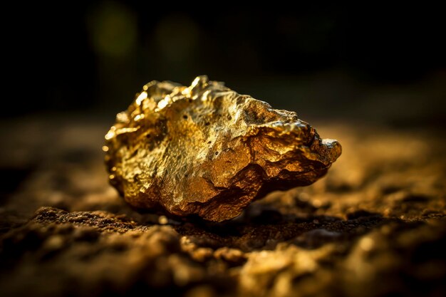 Foto pepita de ouro em fundo escuro peça pura de ouro extraída de uma mina criada com tecnologia de ia generativa