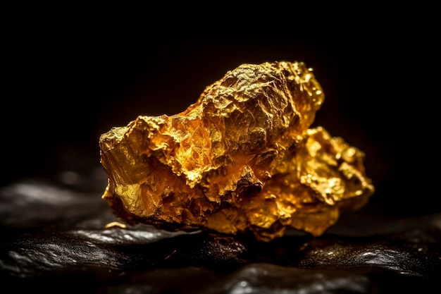 pepita de oro en fondo oscuro pieza pura de oro extraída de una mina creada con tecnología de IA generativa