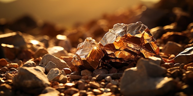 Foto una pepita de oro en medio de las rocas cuando se pone el sol.