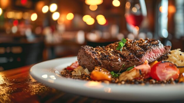 Foto peppercorn crusted sirloin steak contra um fundo de bistro animado