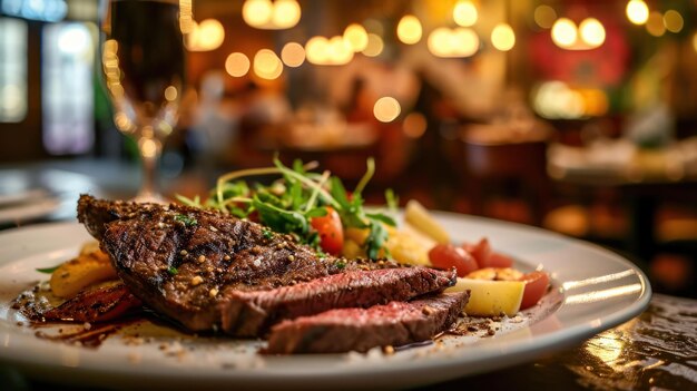 Peppercorn Crusted Sirloin Steak contra um fundo de bistro animado