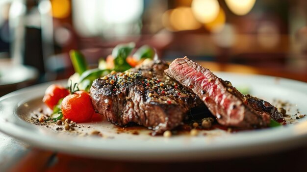 Peppercorn Crusted Sirloin Steak contra um fundo de bistro animado