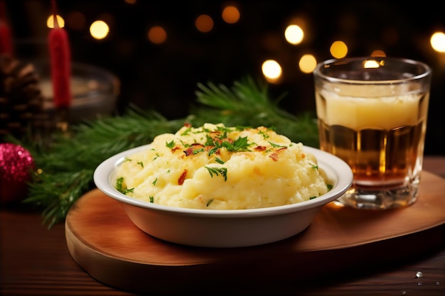 Foto pepperjack al horno puré de patatas con refresco beber para la cena en la mesa de madera en el comedor