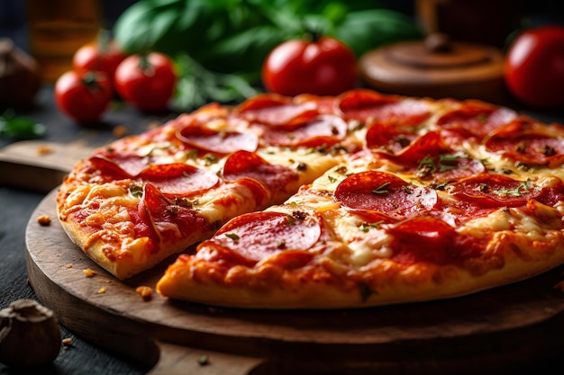 Pepperoni de pizza italiana tradicional con salami y queso en tablero de madera generativo AI de estilo rural