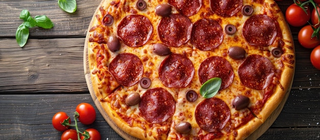 Foto pepperoni y pizza de oliva en una mesa de madera