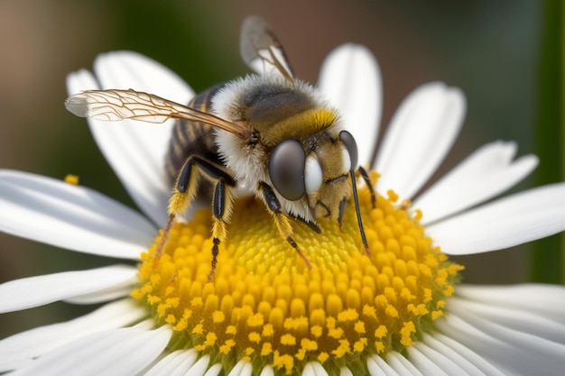 Una pequeña abeja en una flor recoge polen