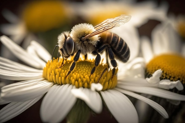 Una pequeña abeja en una flor recoge polen