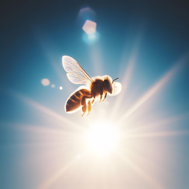Pequena abelha a voar num céu azul