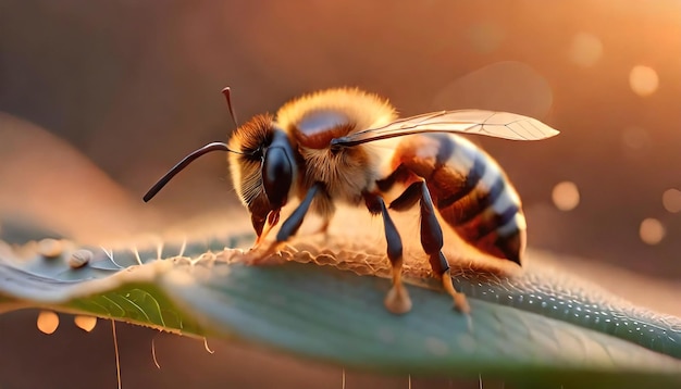 Pequena abelha amarela polinizando folhas verdes