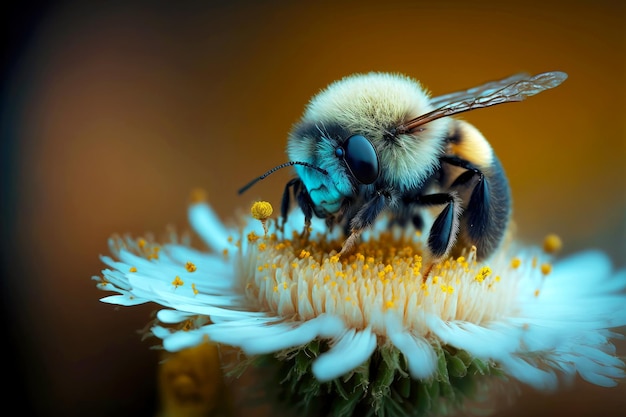 Pequena abelha peluda senta-se na flor da abelha e come néctar