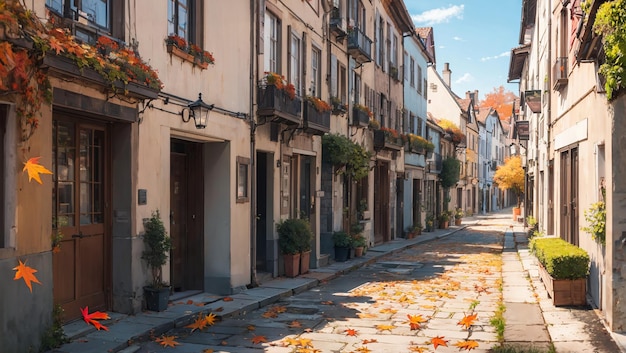 Una pequeña y acogedora calle de una antigua ciudad europea en un día soleado de otoño sin gente Ilustración de estilo anime