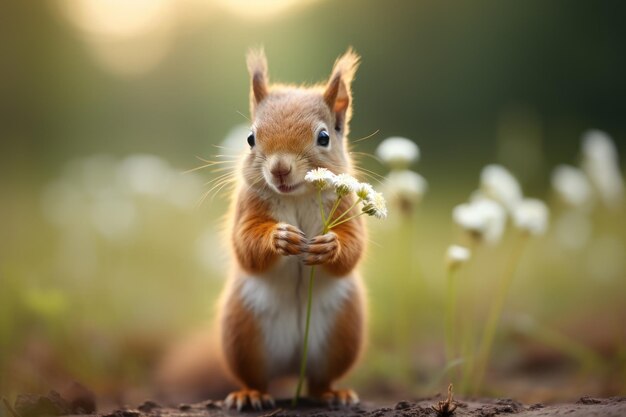 Una pequeña ardilla parada sobre dos patas sosteniendo una flor IA generativa