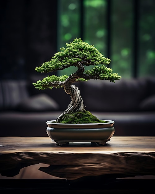 Pequena árvore de bonsai na mesa