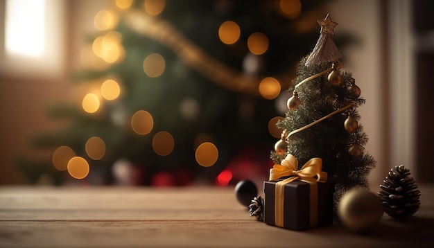Pequena árvore de Natal em mesa de madeira com presentes e decoração, fundo desfocado, Generative ai