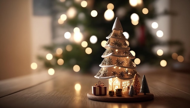 Pequena árvore de Natal na mesa de madeira com presentes e decoração, fundo desfocado, Generative ai