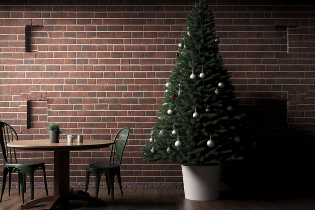 Pequena árvore de Natal na mesa perto da parede de tijolos na sala