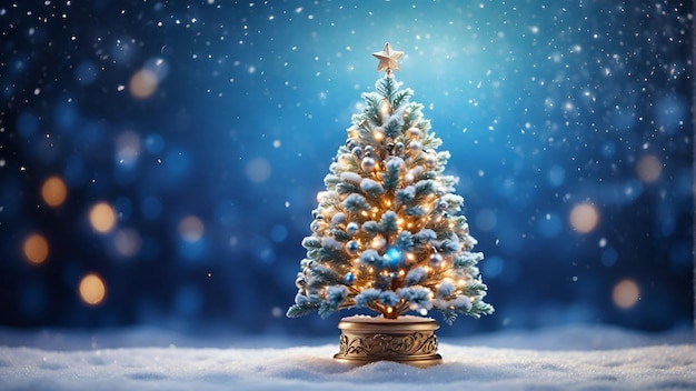 Pequena árvore de Natal na neve com decorações luzes de fada e luzes bokeh Imagem festiva