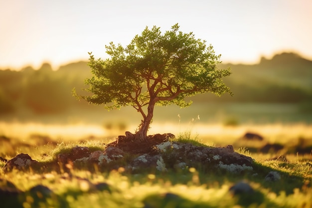 Foto pequena árvore em um campo com o sol brilhando