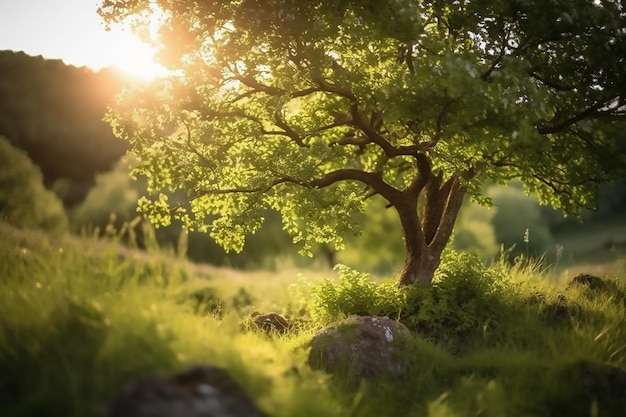 Foto pequena árvore em um campo com o sol brilhando