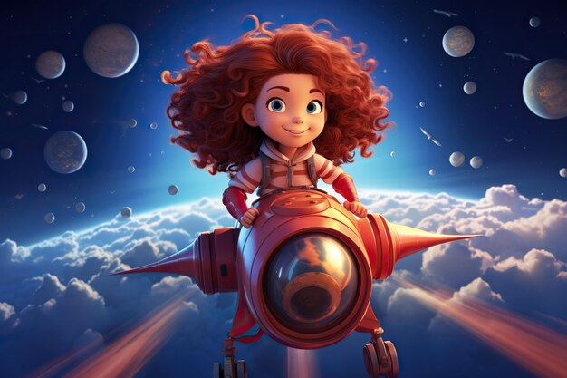 Foto una pequeña astronauta linda en una ilustración de cohete