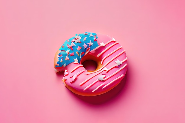 Pequena bandeira americana presa em rosquinhas no fundo rosa Generative Ai